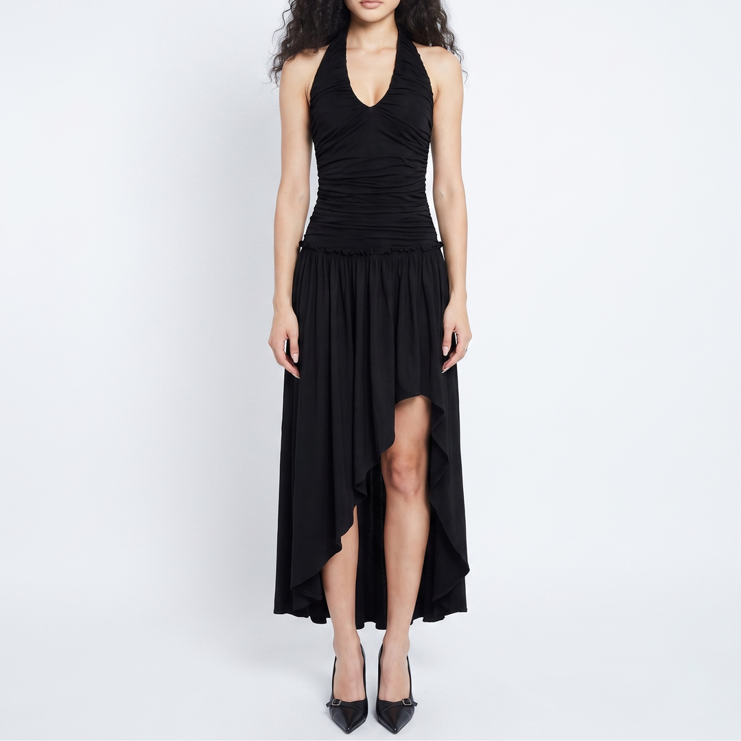 Women's Halter Neck Ruched Asymmetric Hem Midi Dress