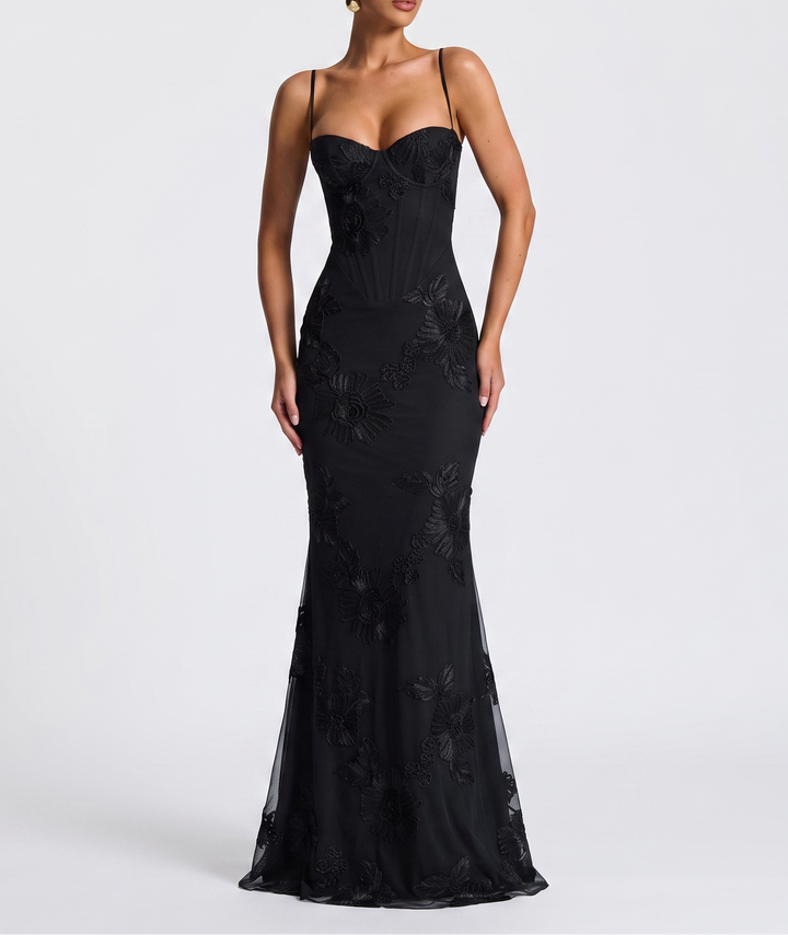 Women's Embroidered Corset Bodice Spaghetti Strap Mermaid Maxi Dress