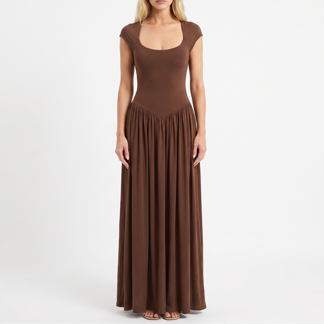 Women's Scoop Neck Cap Sleeve Fit and Flare Maxi Dress