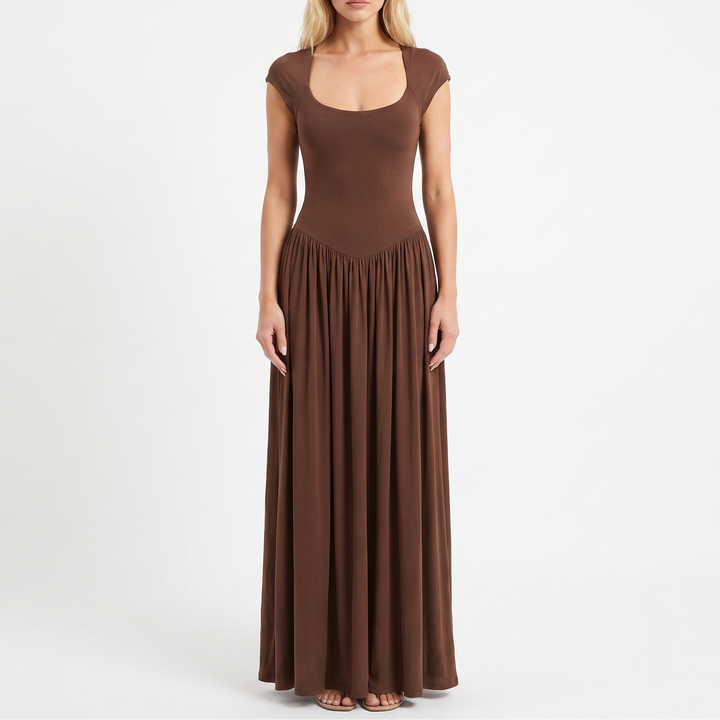Women's Scoop Neck Cap Sleeve Fit and Flare Maxi Dress