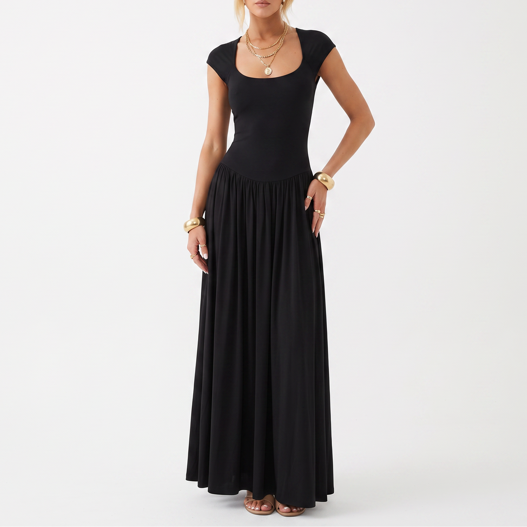 Women's Scoop Neck Cap Sleeve Fit and Flare Maxi Dress