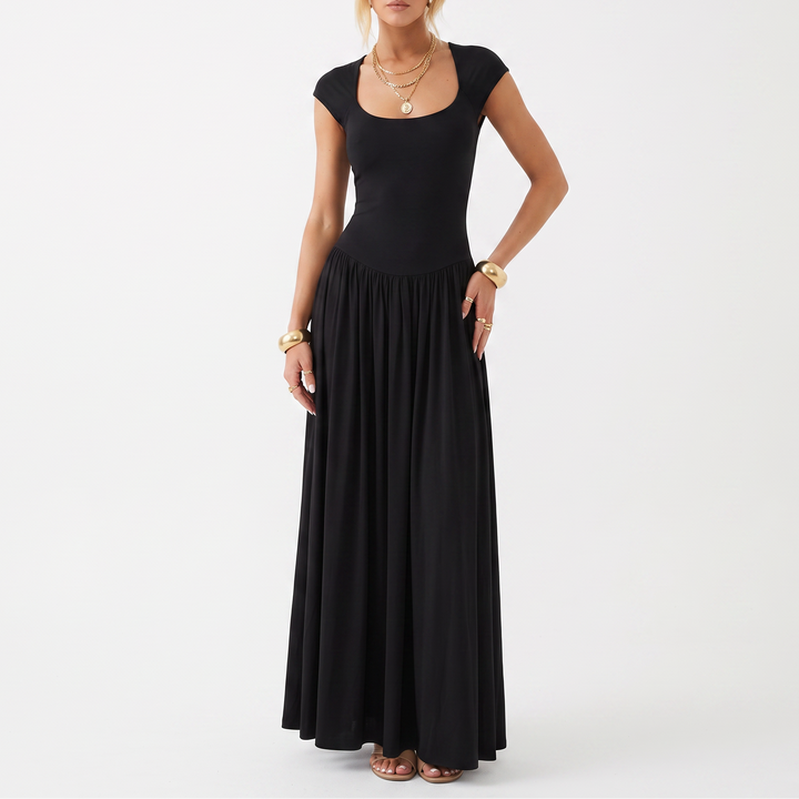 Women's Scoop Neck Cap Sleeve Fit and Flare Maxi Dress