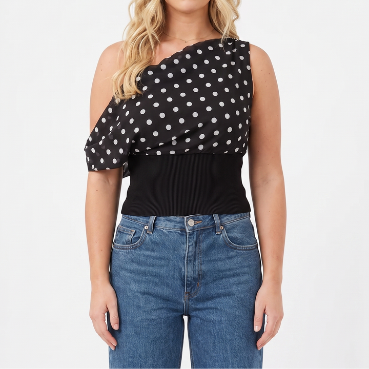 Women's Off Shoulder Crop Top Polka Dot Ribbed Waist Going Out