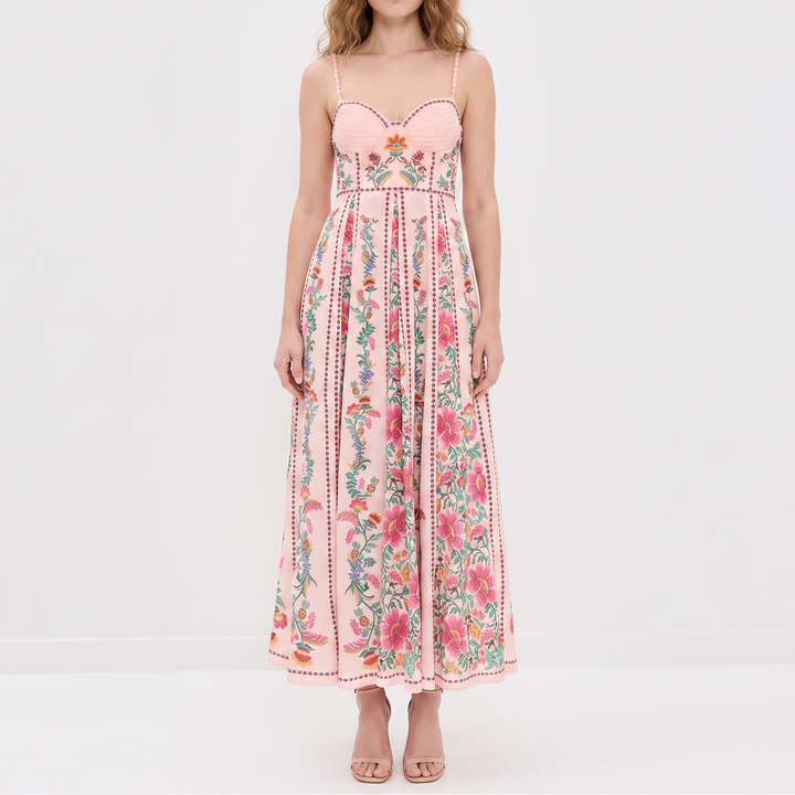 Women's Floral Maxi Dress Bustier Bodice Spaghetti Strap Boho Summer