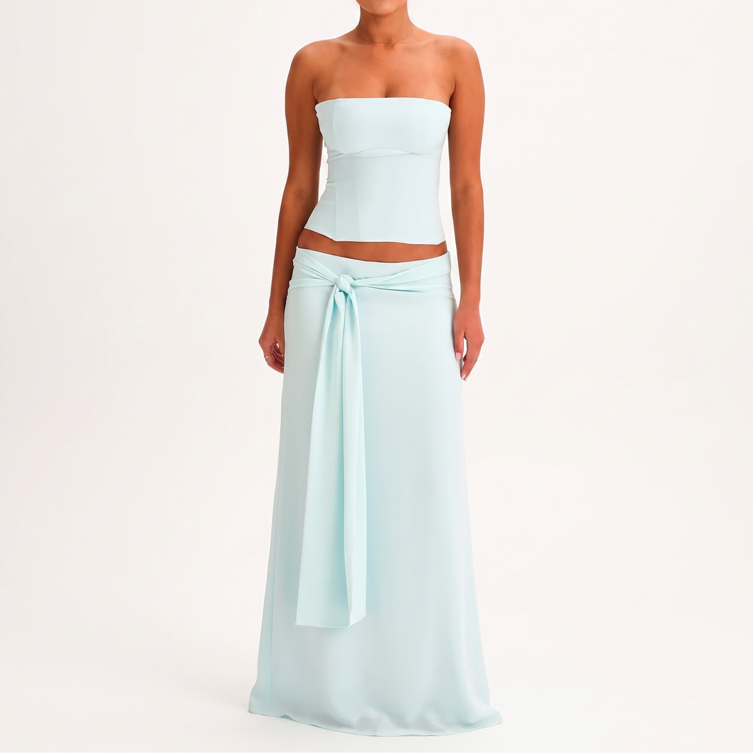 Women's Two Piece Set Strapless Corset Top Tie Front Maxi Skirt