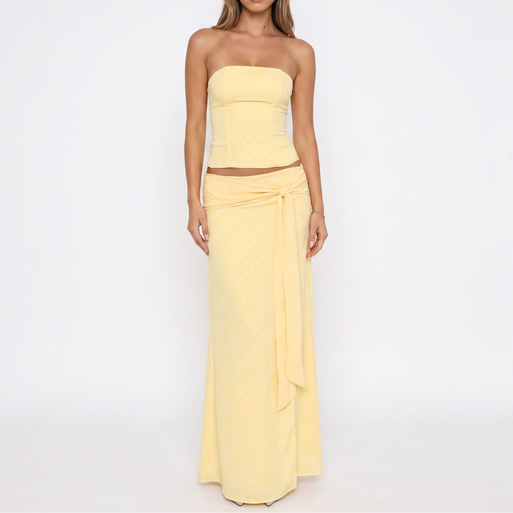 Women's Two Piece Set Strapless Corset Top Tie Front Maxi Skirt
