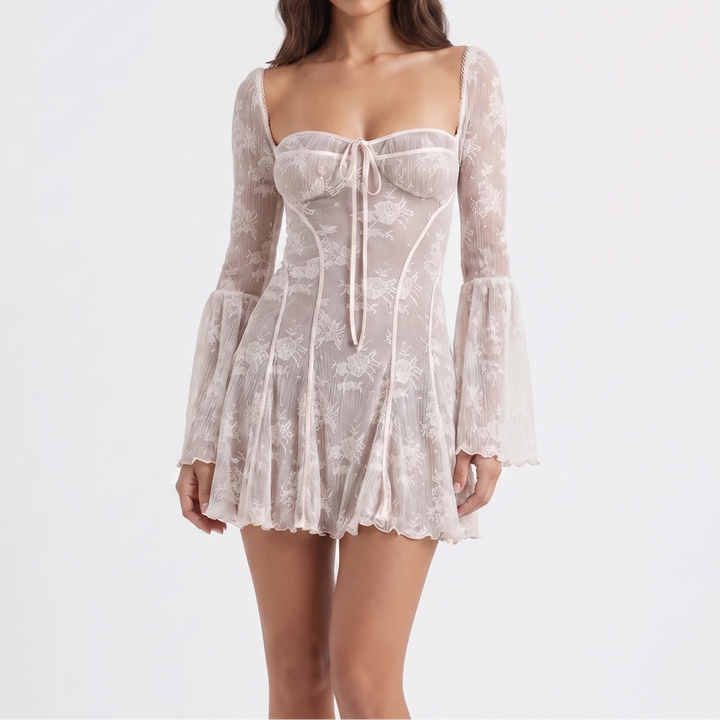 Women's Lace Mini Dress Long Flare Sleeve Corset Bodice Party