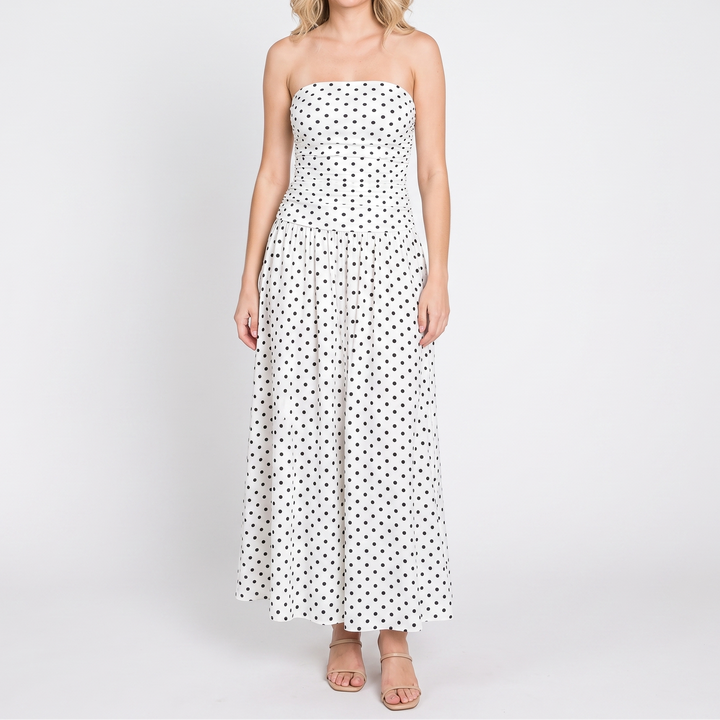 Women's Polka Dot Maxi Dress Strapless Ruched Bodice A Line Summer