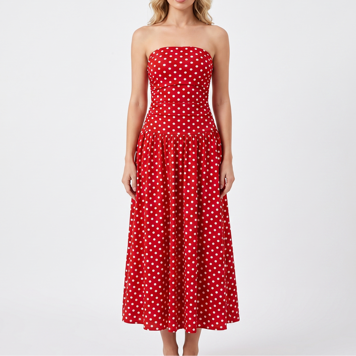 Women's Polka Dot Maxi Dress Strapless Ruched Bodice A Line Summer