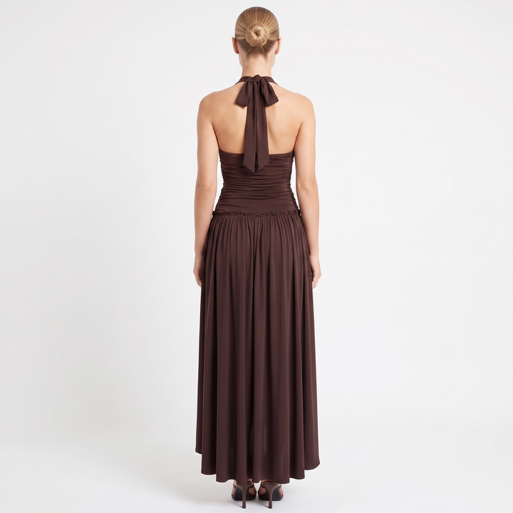 Women's Halter Neck Ruched Asymmetric Hem Midi Dress