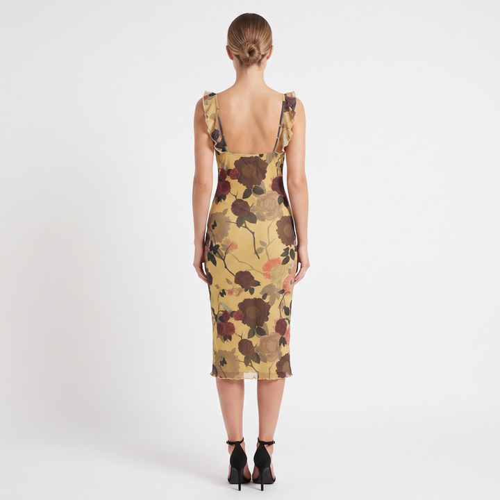 Women's Floral Print Ruffle Trim Slip Midi Dress