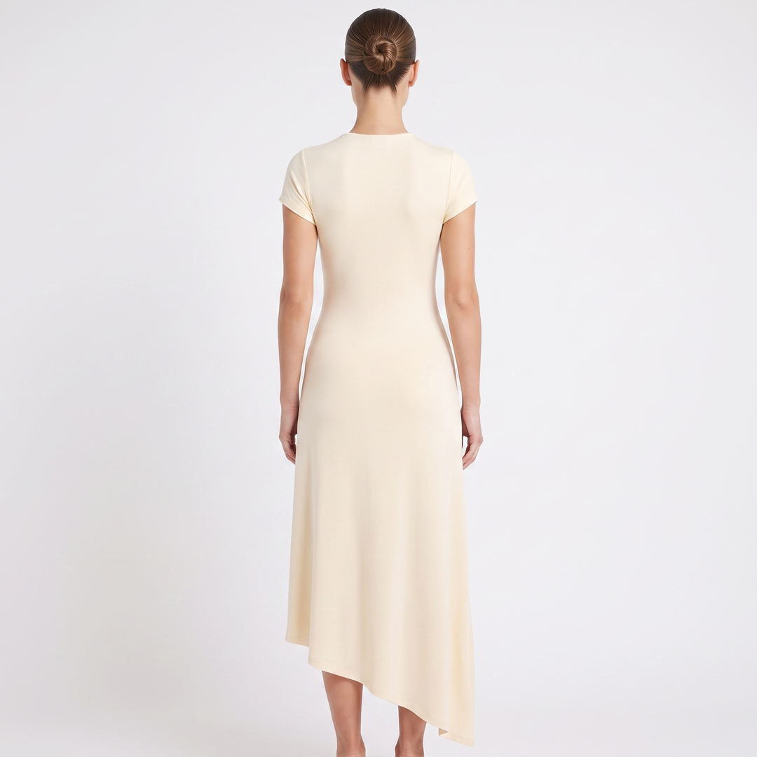 Women's Satin Asymmetric Cutout Short Sleeve Maxi Dress