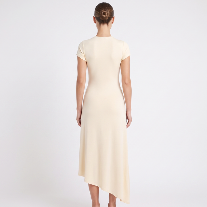 Women's Satin Asymmetric Cutout Short Sleeve Maxi Dress