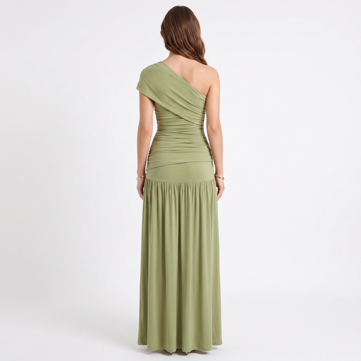 Women's One-Shoulder Ruched Maxi Dress with High Slit