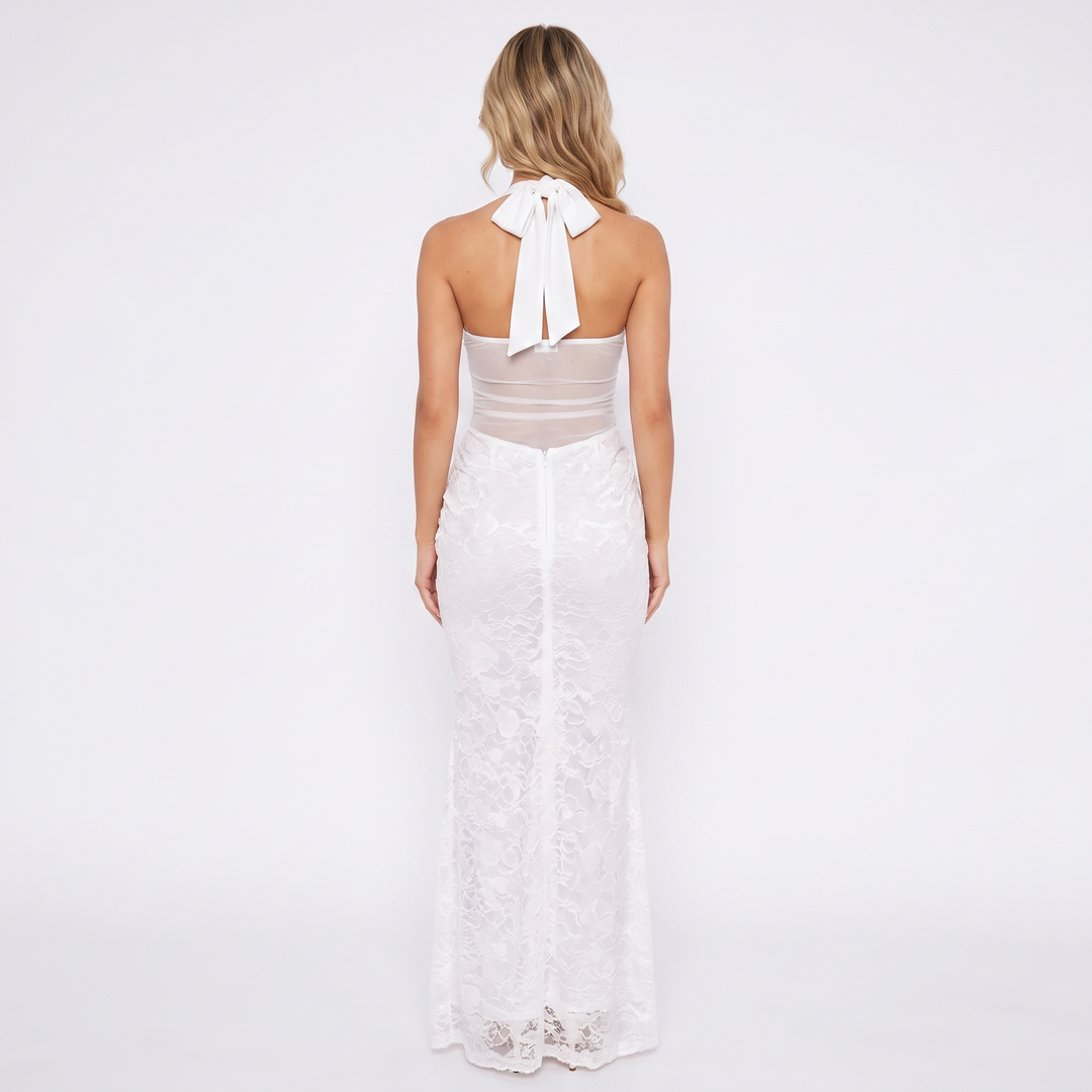 Women's Halter Neck Lace Panel Ruched Mermaid Maxi Dress