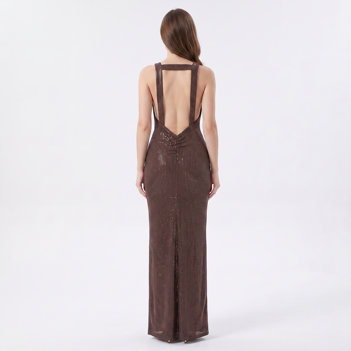 Women's Sequin Deep V-Neck Sleeveless Bodycon Maxi Dress
