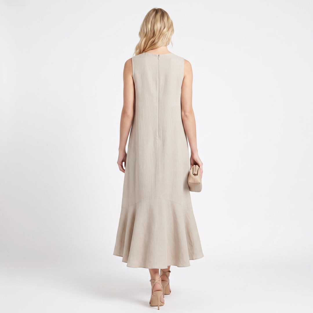 Women's Linen Midi Dress Sleeveless V Neck Ruffle High Low Hem