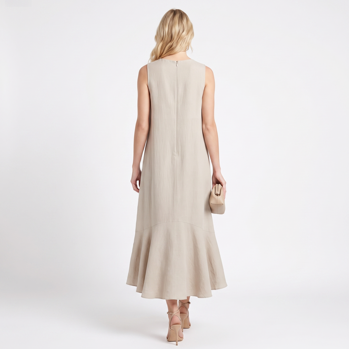 Women's Linen Midi Dress Sleeveless V Neck Ruffle High Low Hem