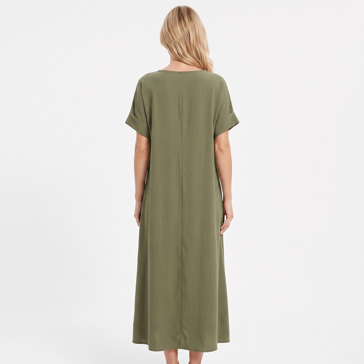 Women's Linen Maxi Dress Tie Neck Short Sleeve Relaxed Fit Pockets