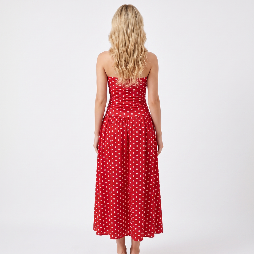 Women's Polka Dot Maxi Dress Strapless Ruched Bodice A Line Summer