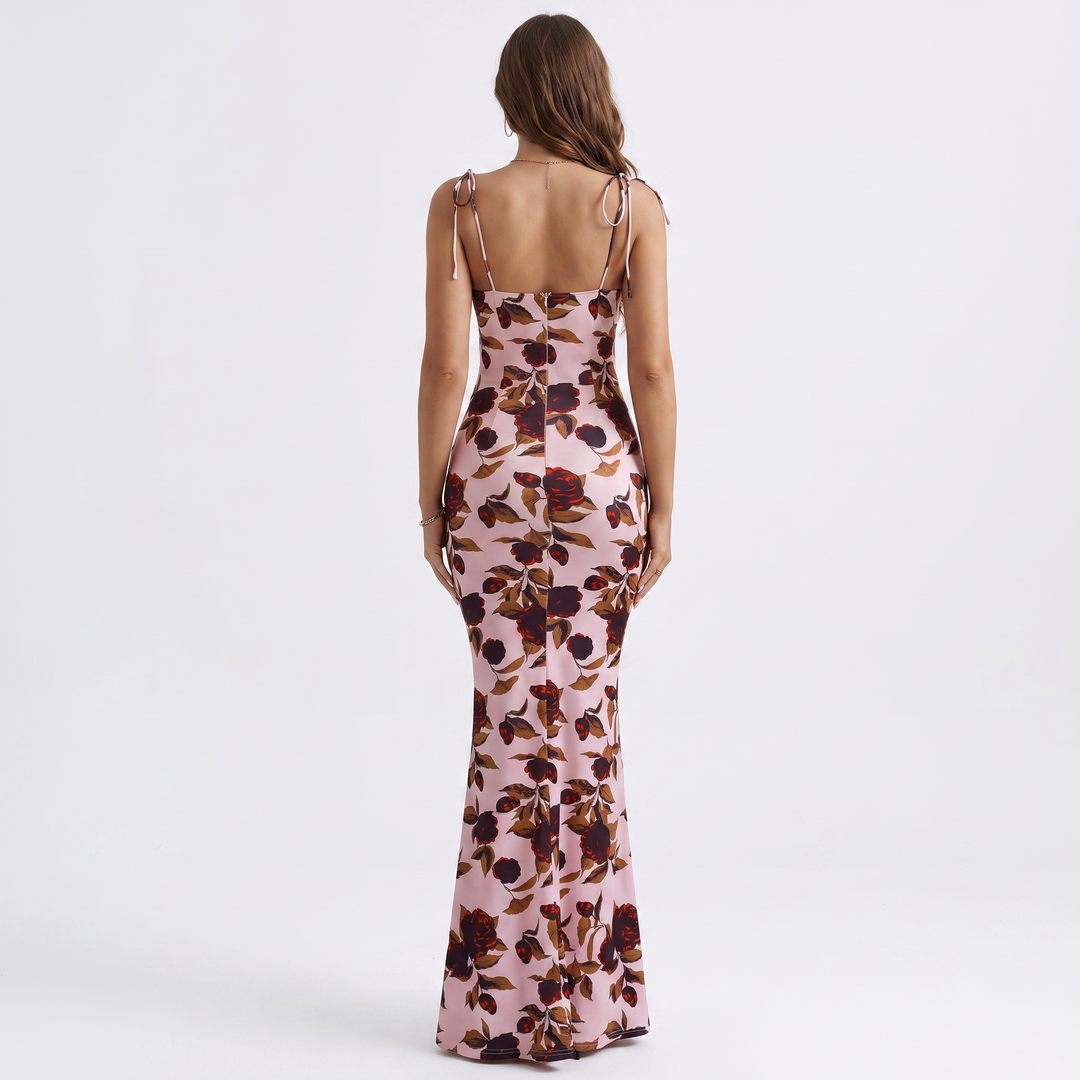Women's Floral Maxi Dress Tie Strap Corset Bodice Bodycon Summer