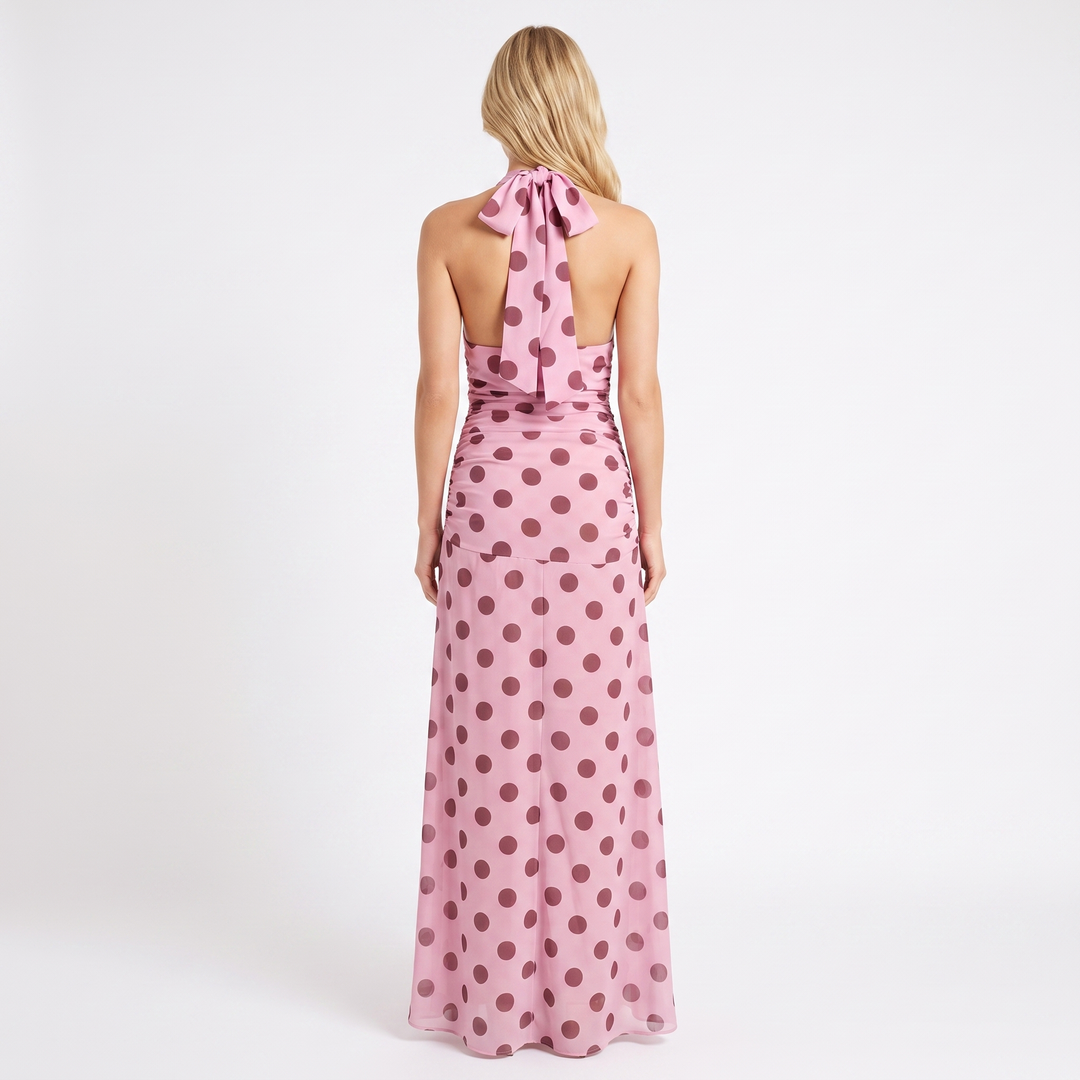 Women's Polka Dot Maxi Dress Halter Deep V Neck Bias Cut Summer
