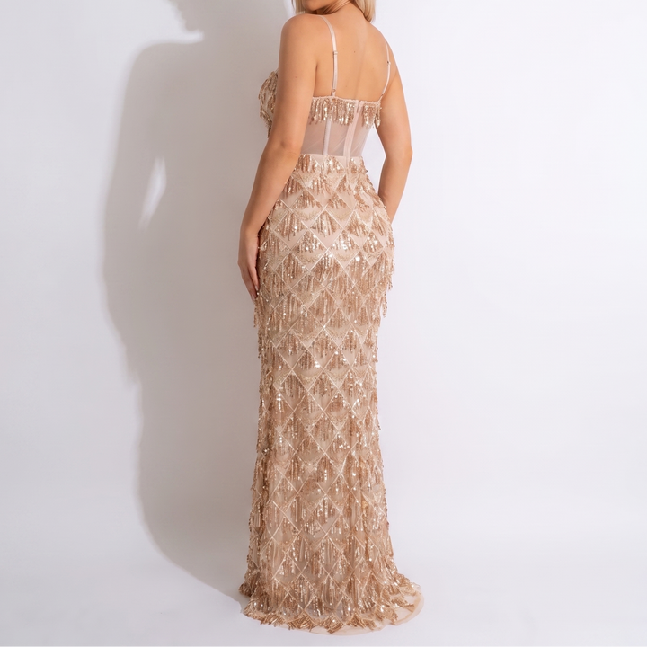 Women's Sequin Fringe Maxi Dress Corset Bodice Mermaid Formal