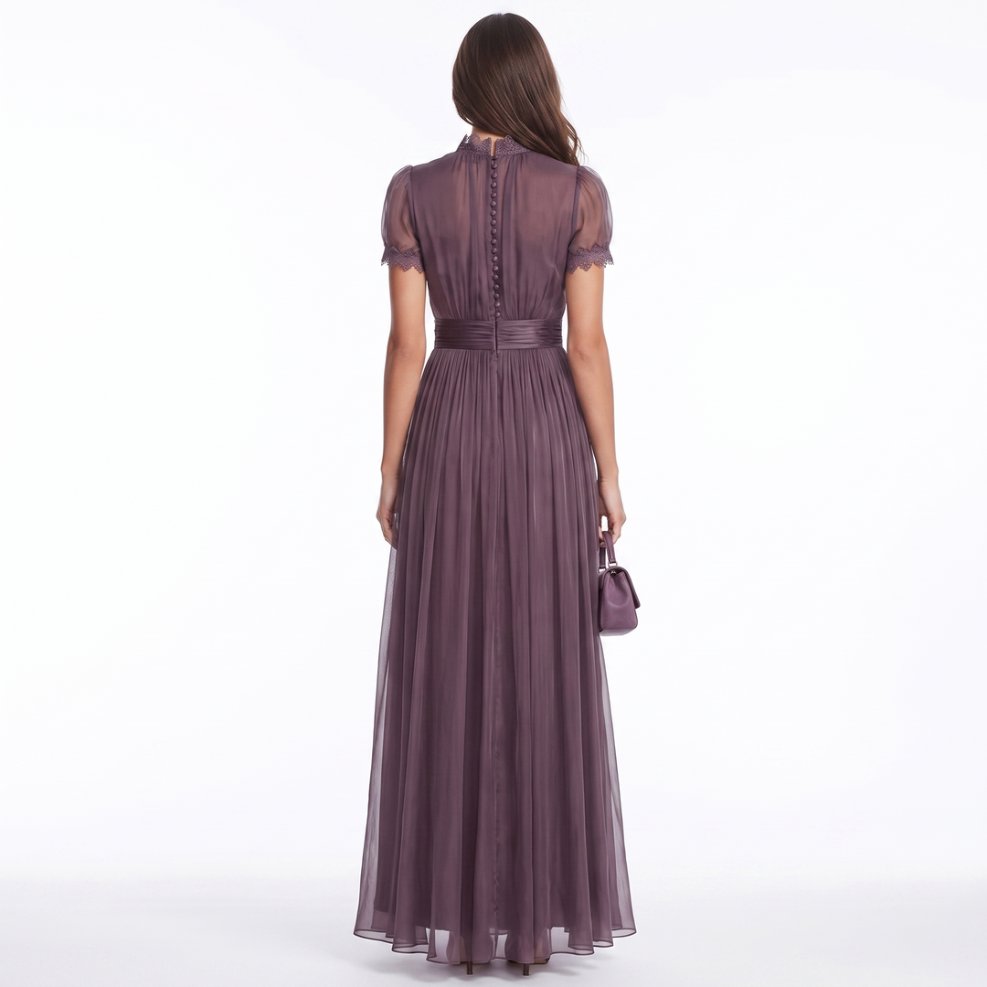 Women's Chiffon Maxi Dress Short Sleeve Lace Trim A Line Formal