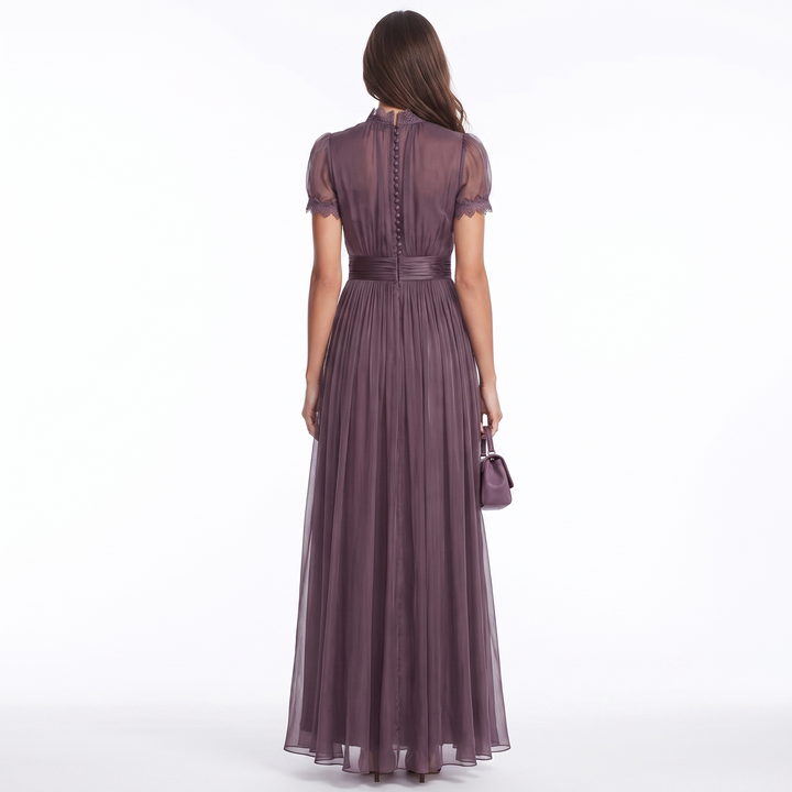 Women's Chiffon Maxi Dress Short Sleeve Lace Trim A Line Formal