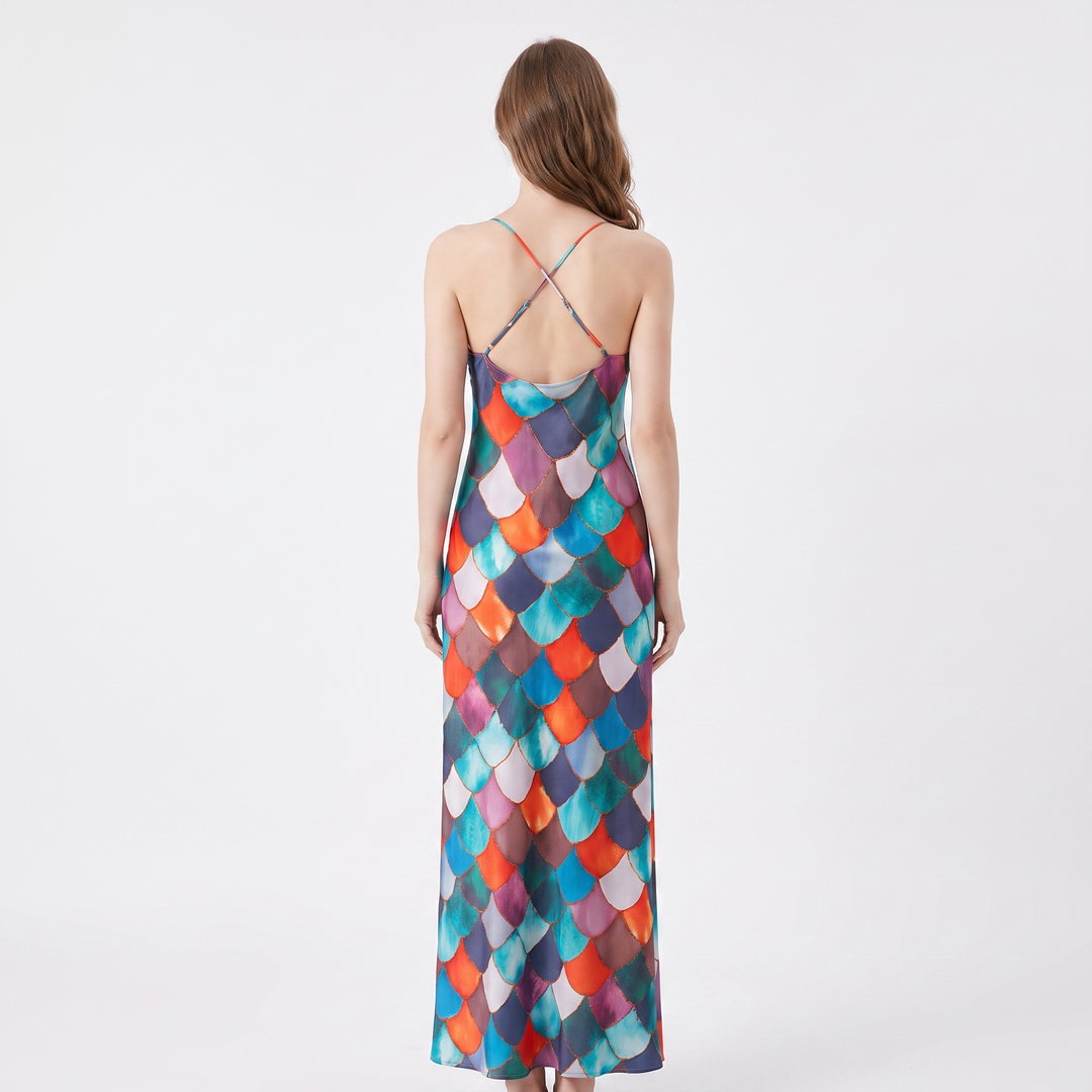 Women's Printed Maxi Dress Halter Neck Sleeveless Column Slip