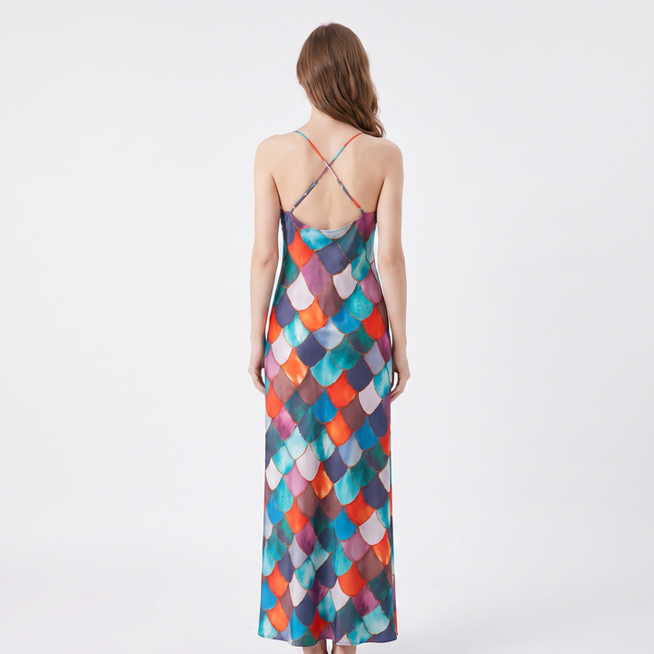 Women's Printed Maxi Dress Halter Neck Sleeveless Column Slip