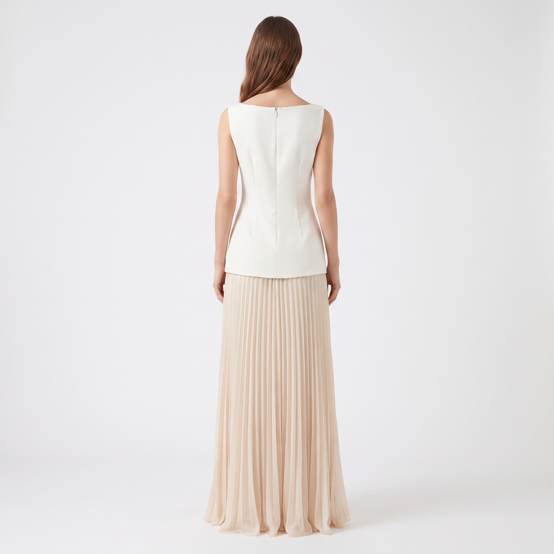 Women's Boat Neck Maxi Dress Pleated Skirt Sleeveless Formal Gown