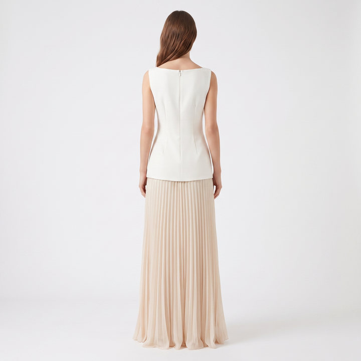 Women's Boat Neck Maxi Dress Pleated Skirt Sleeveless Formal Gown