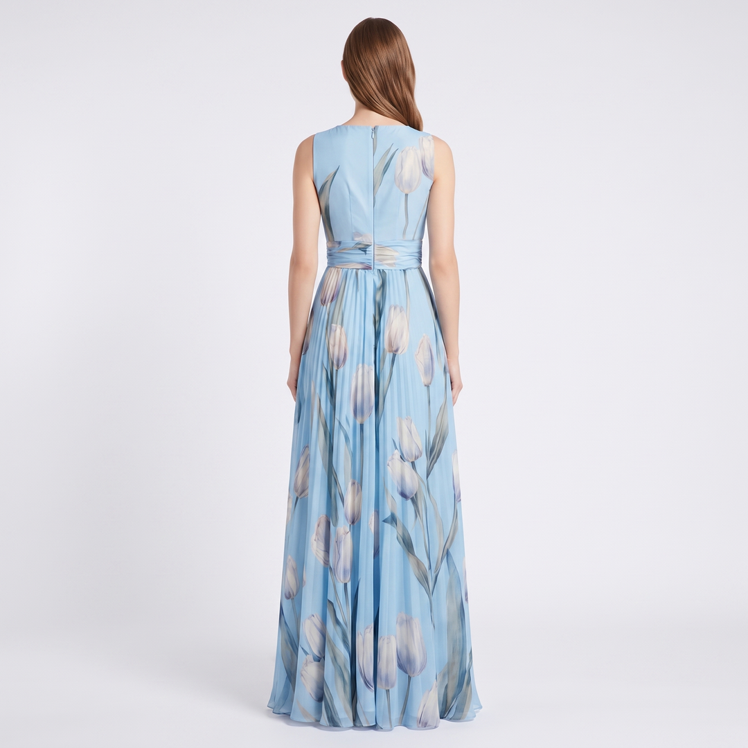 Women's Floral Maxi Dress Chiffon V Neck Sleeveless Formal Gown