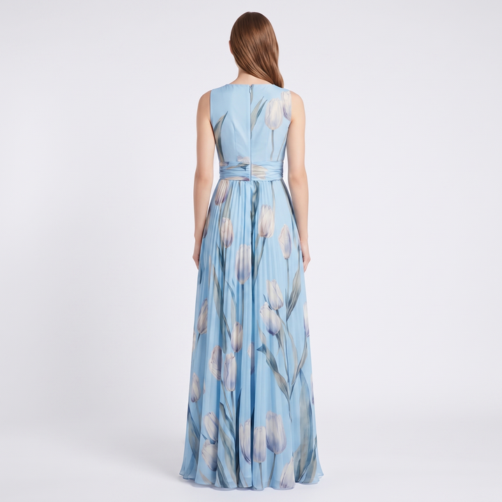 Women's Floral Maxi Dress Chiffon V Neck Sleeveless Formal Gown