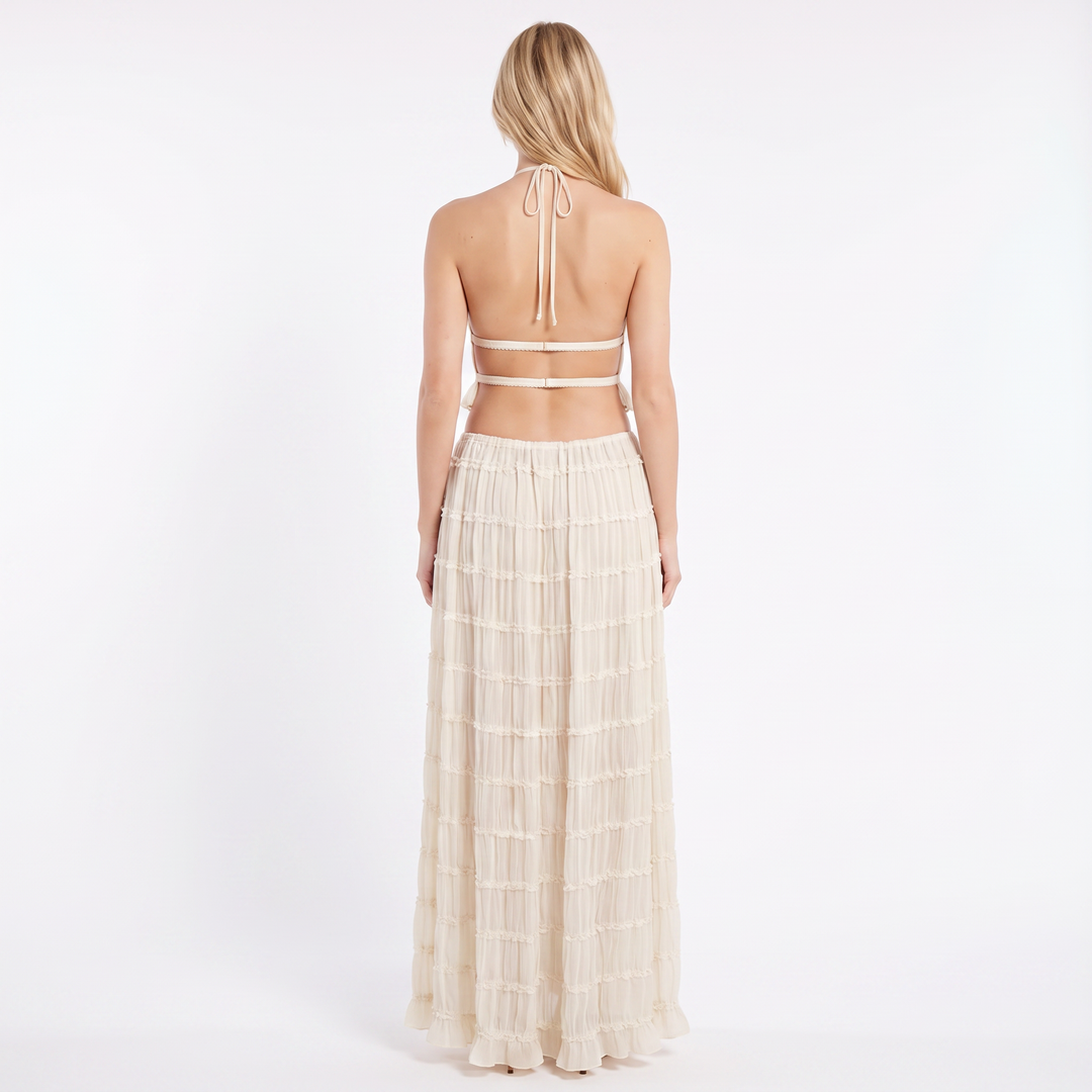 Women's Two Piece Set Halter Crop Top Tiered Ruffle Maxi Skirt