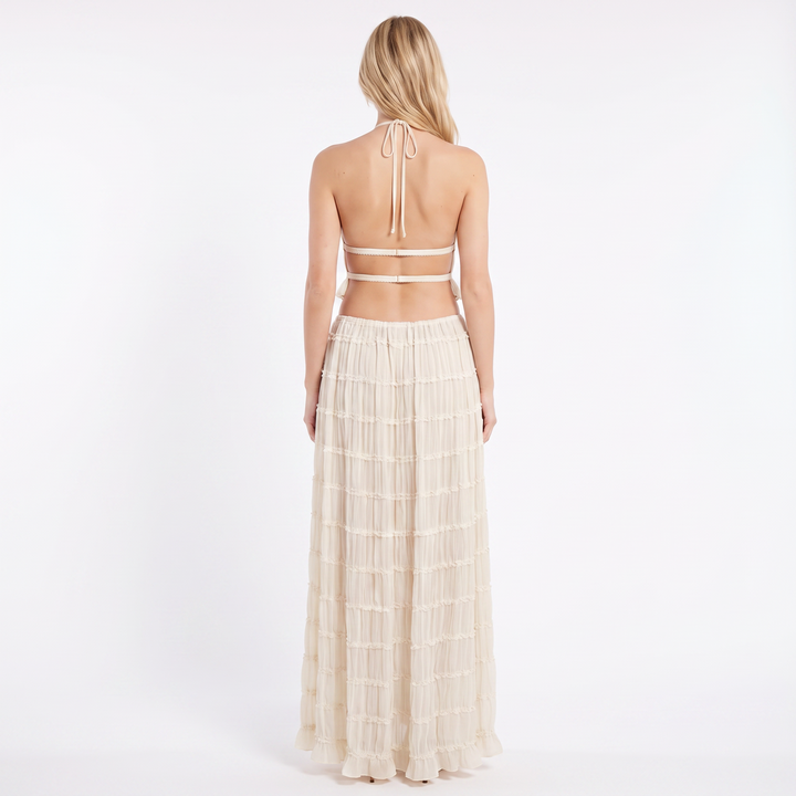 Women's Two Piece Set Halter Crop Top Tiered Ruffle Maxi Skirt