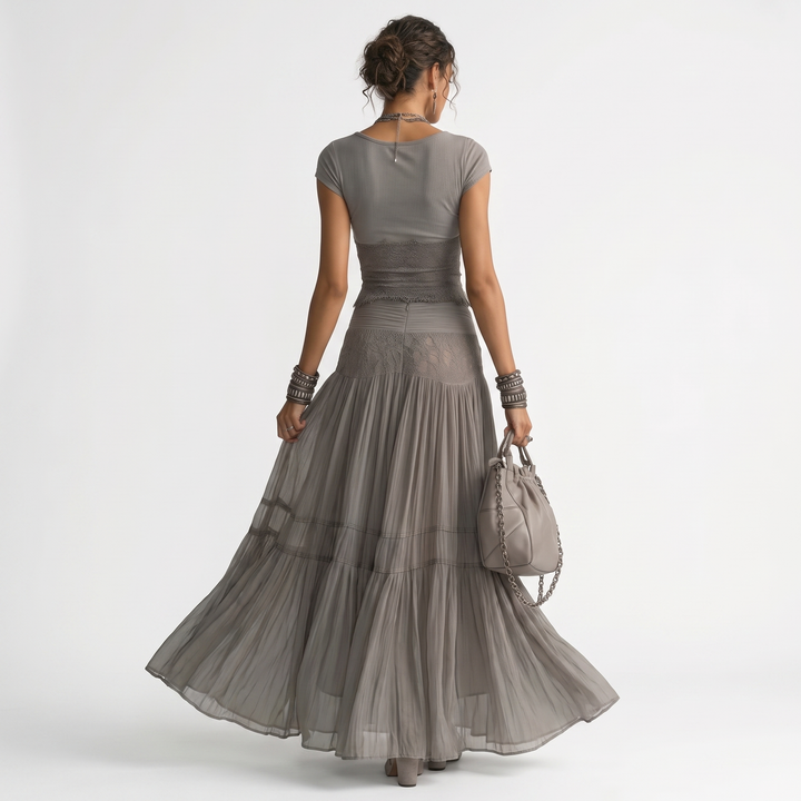 Women's Ribbed Crop Top and Lace Trim Tiered Maxi Skirt Set