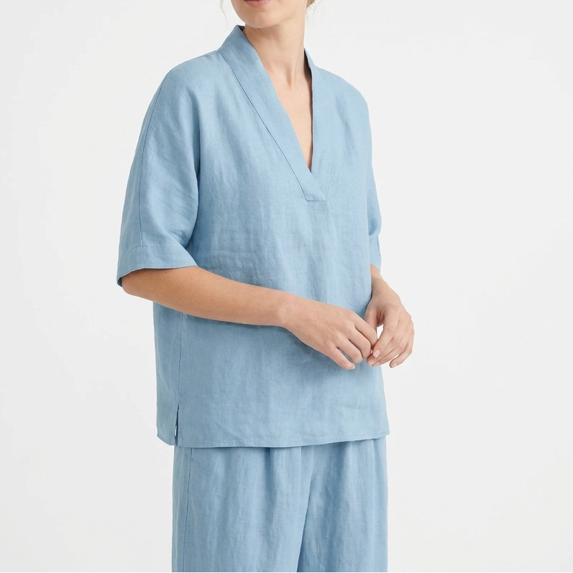 Women's Linen Two-Piece Set V-Neck Top and Wide-Leg Pants Relaxed Fit