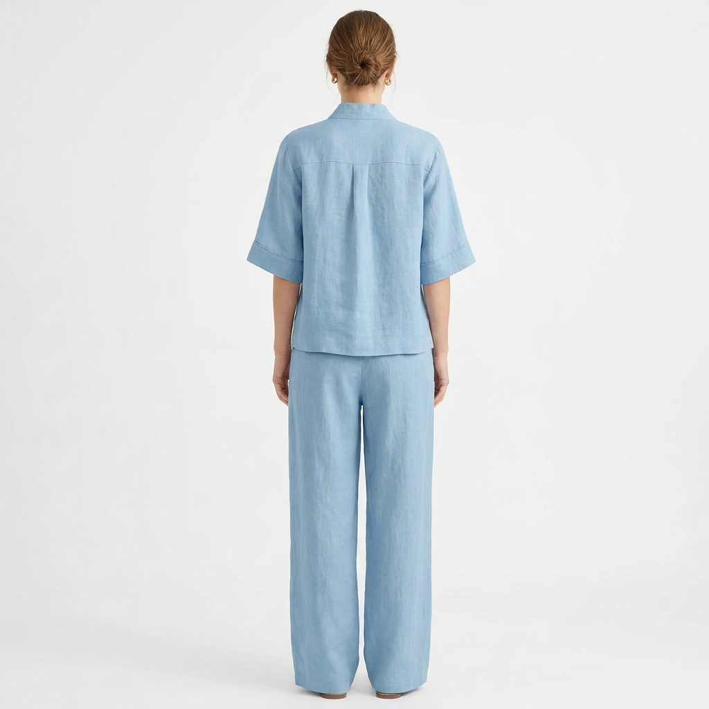 Women's Linen Two-Piece Set V-Neck Top and Wide-Leg Pants Relaxed Fit
