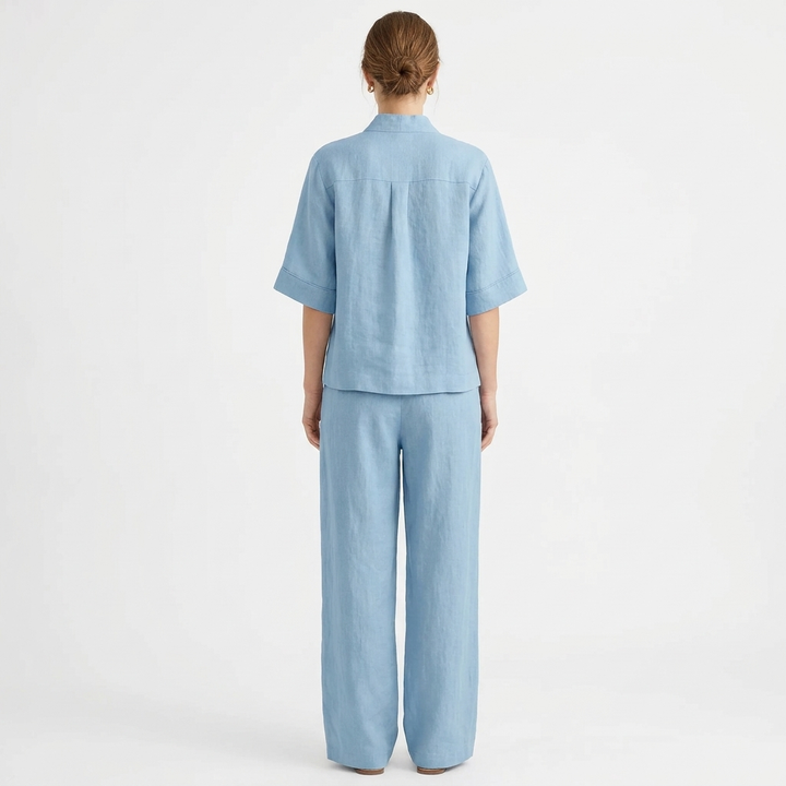 Women's Linen Two-Piece Set V-Neck Top and Wide-Leg Pants Relaxed Fit