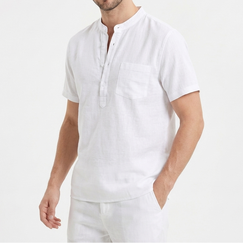 Men's Linen Short Sleeve Henley Shirt Band Collar Chest Pocket Casual Summer