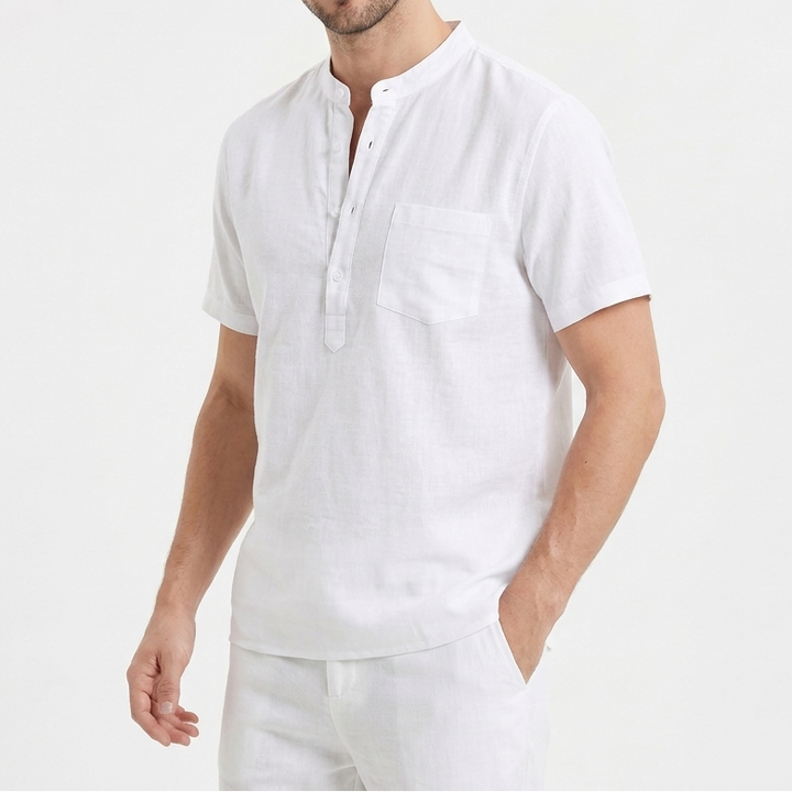 Men's Linen Short Sleeve Henley Shirt Band Collar Chest Pocket Casual Summer