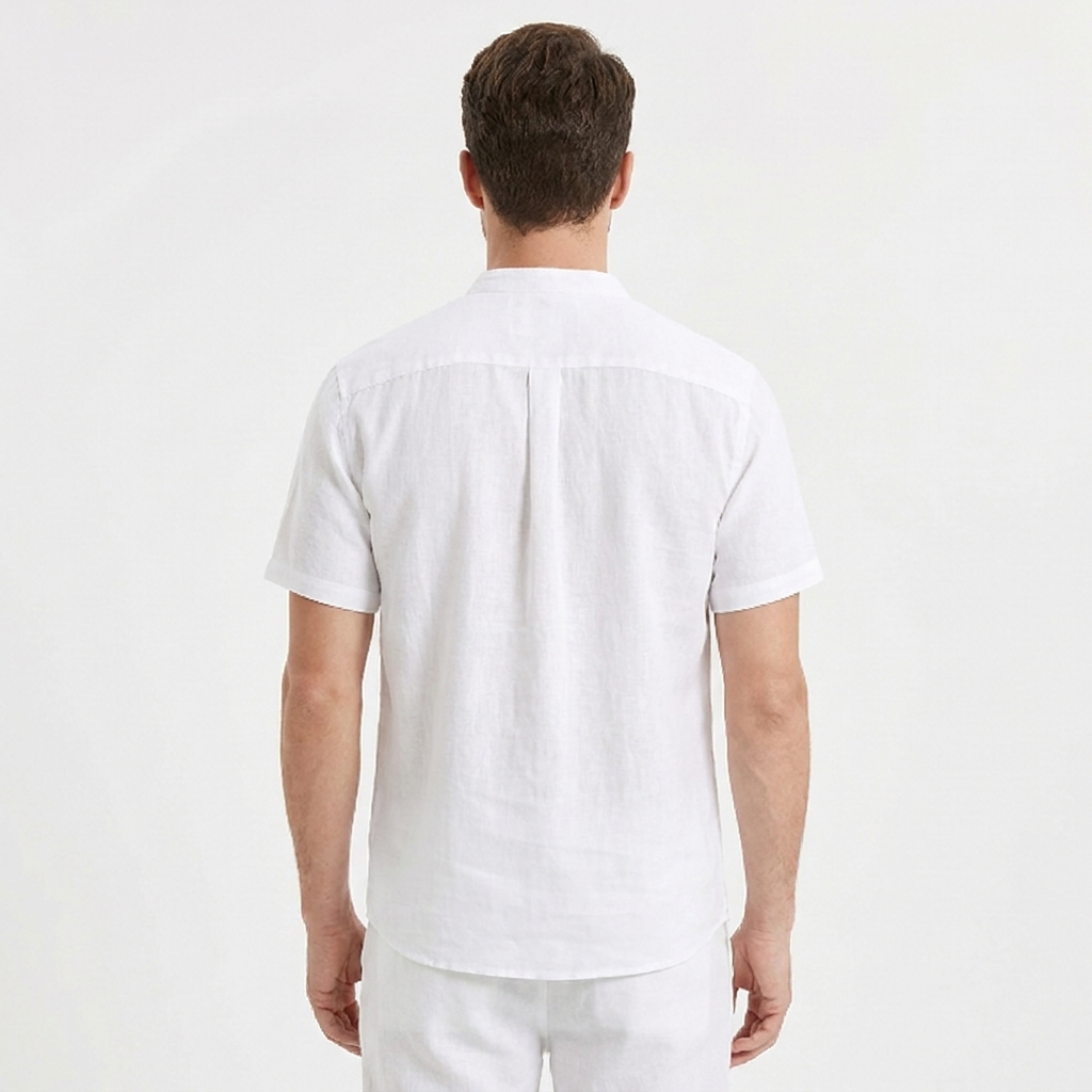 Men's Linen Short Sleeve Henley Shirt Band Collar Chest Pocket Casual Summer