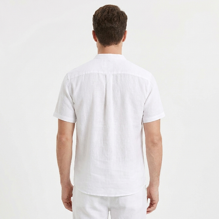 Men's Linen Short Sleeve Henley Shirt Band Collar Chest Pocket Casual Summer