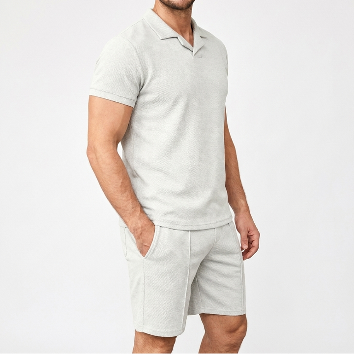 Men's Waffle Knit Two-Piece Set Polo Shirt Shorts Matching Casual Summer