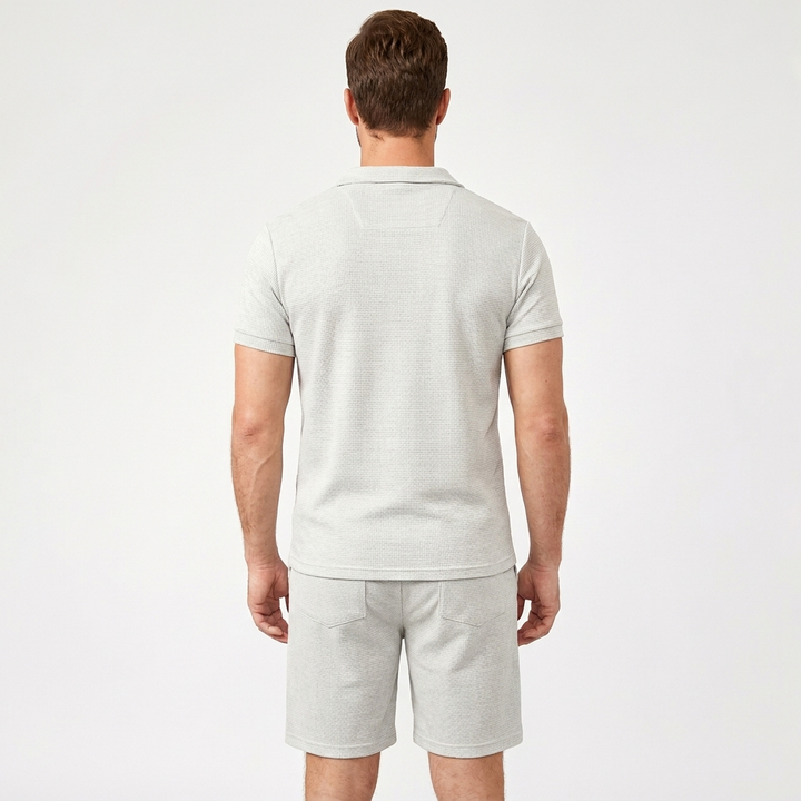 Men's Waffle Knit Two-Piece Set Polo Shirt Shorts Matching Casual Summer