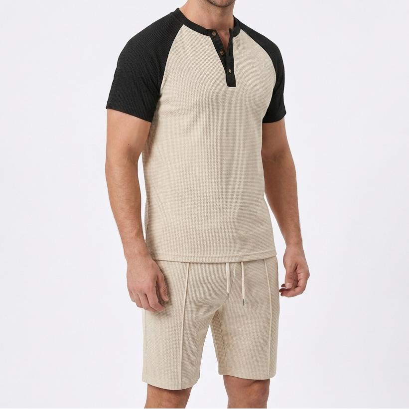 Men's Waffle Knit Two-Piece Set Colour Block Henley T-Shirt Drawstring Shorts