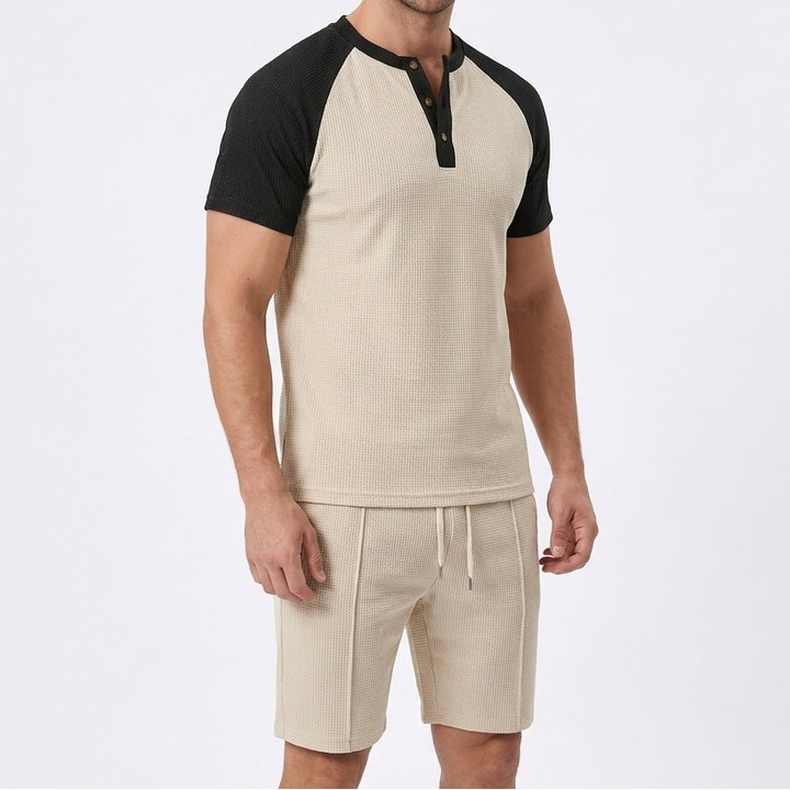 Men's Waffle Knit Two-Piece Set Colour Block Henley T-Shirt Drawstring Shorts