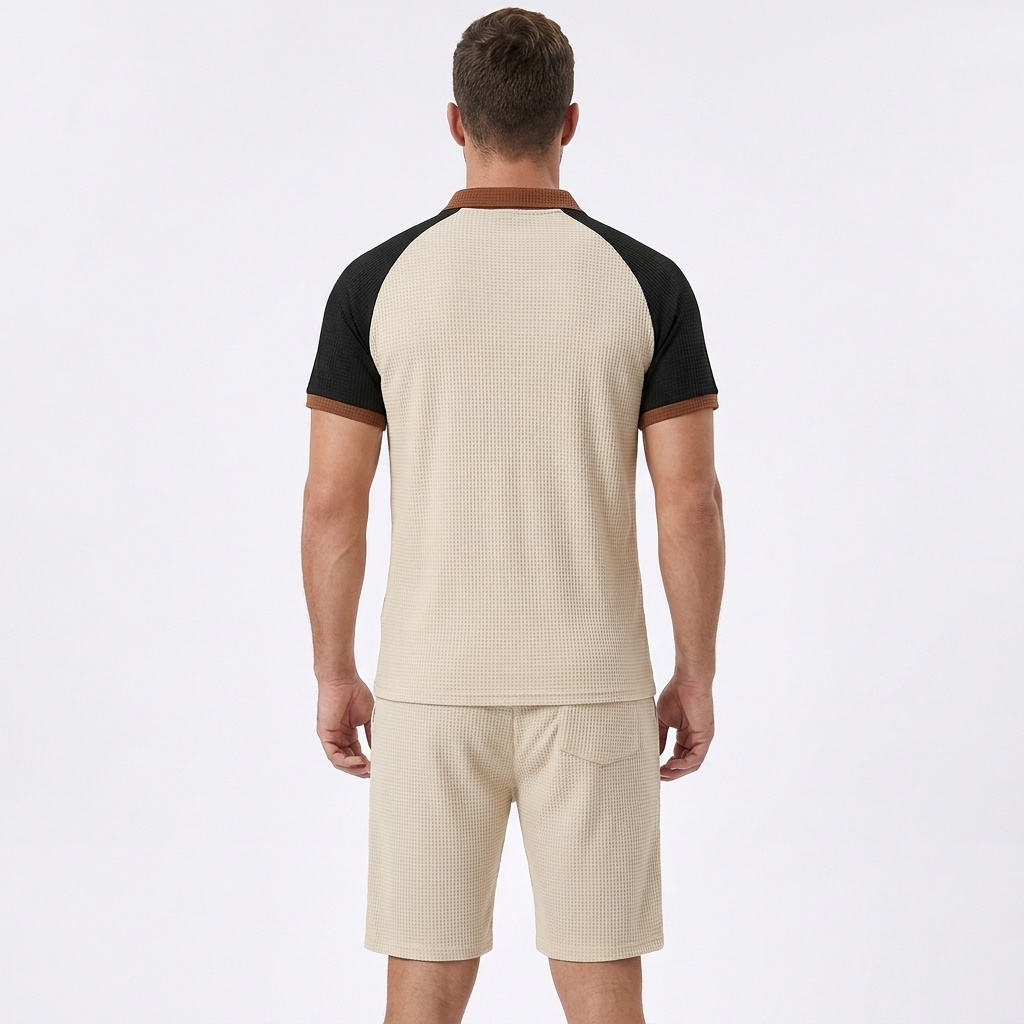 Men's Waffle Knit Two-Piece Set Colour Block Henley T-Shirt Drawstring Shorts
